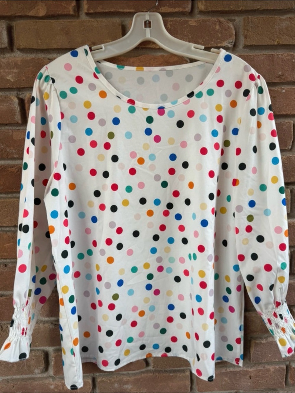 Women's White Polka Dot Long Sleeve Blouse - Multicolor Dots